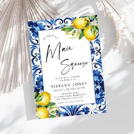 Invitación Ducha nupcial con azulejos azules mediterráneos