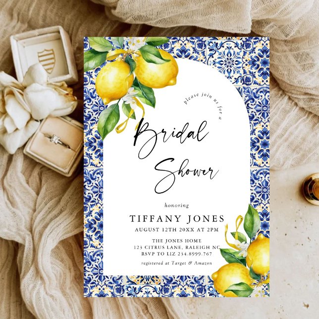 Invitación Ducha nupcial con azulejos azules mediterráneos (Subido por el creador)