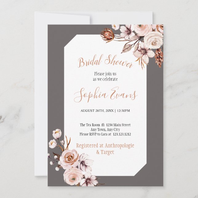 Invitación Ducha nupcial con crema de Moda Boho y flores marr (Anverso)