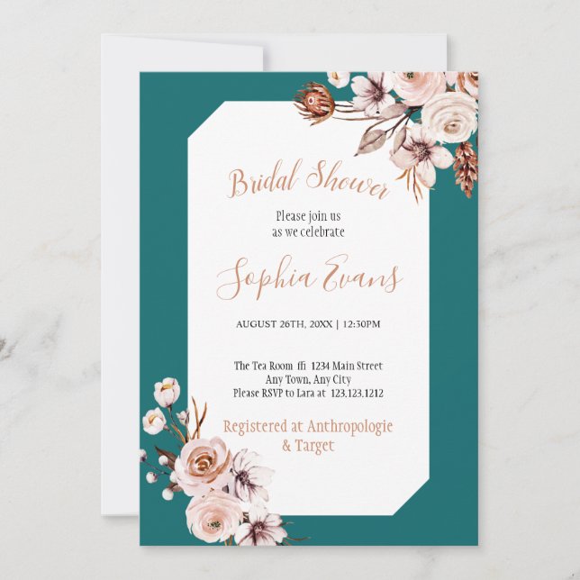 Invitación Ducha nupcial con crema de Moda Boho y flores marr (Anverso)