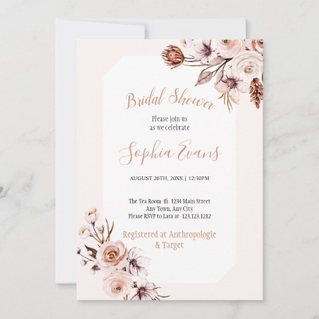 Invitación Ducha nupcial con crema de Moda Boho y flores marr (Anverso)