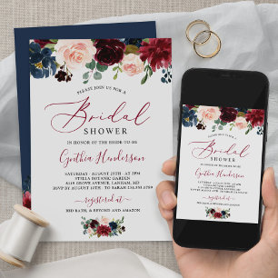 Invitación Ducha nupcial con escritura floral azul de la Mari