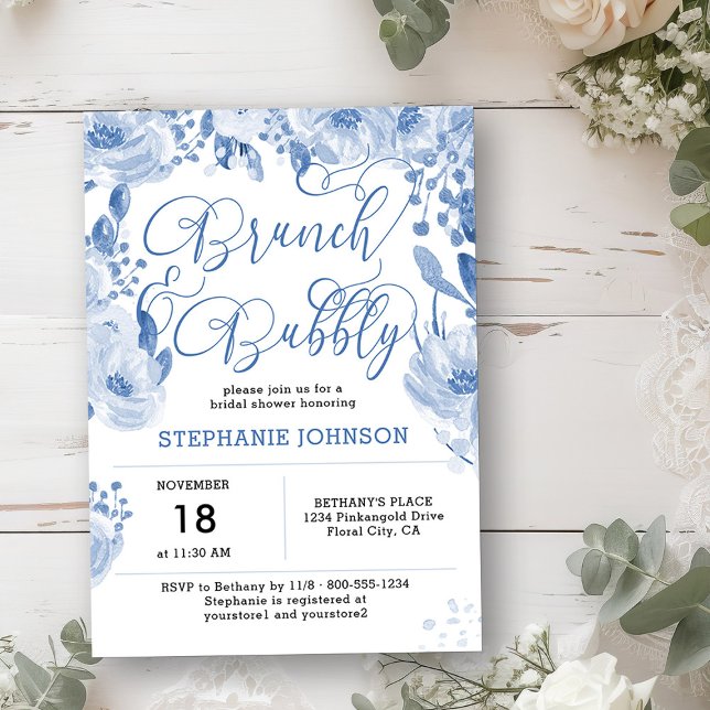 Invitación Ducha nupcial con flores azules de bronce y burbuj (Brunch & Bubbly Invitation from my Dusty Blue Watercolor Floral Bridal Shower)