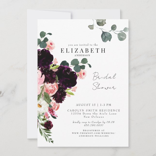 Invitación Ducha nupcial con flores de borgoña y Rubor botáni (Anverso)