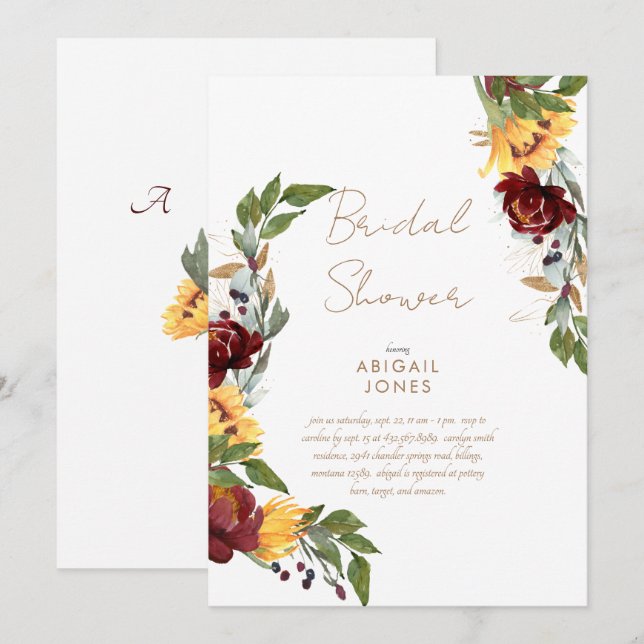 Invitación Ducha nupcial con flores de girasol (Anverso / Reverso)