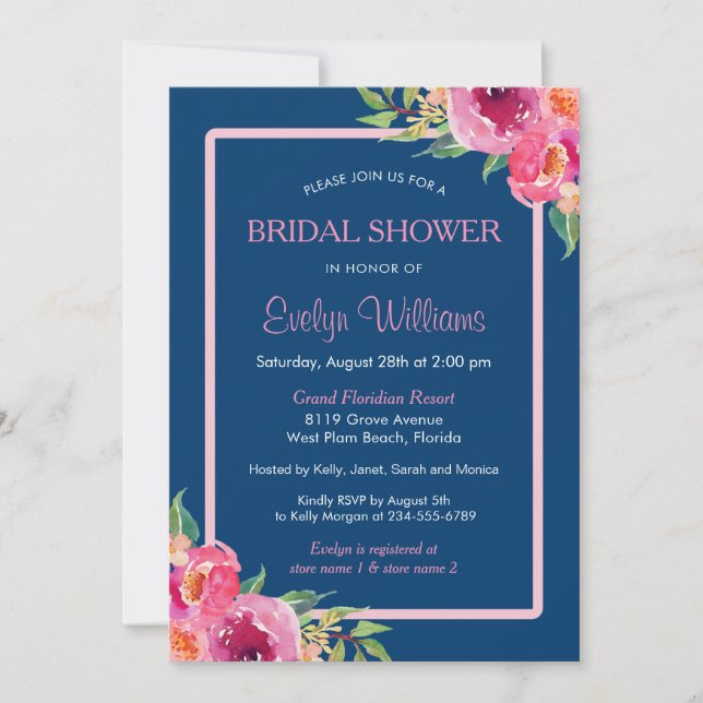 Invitación Ducha nupcial con flores rosadas azul marina (Anverso)
