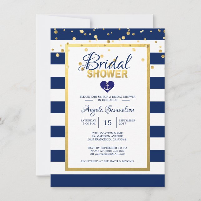 Invitación Ducha nupcial con franjas azules de la Marina de O (Anverso)