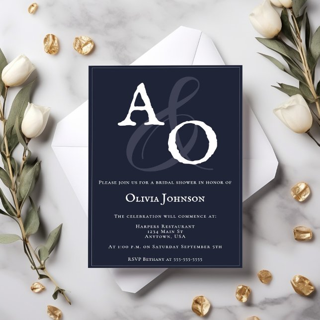 Invitación Ducha nupcial con monograma azul marino Minimalist (Navy Blue Minimalist Monogram Bridal Shower Invitation)
