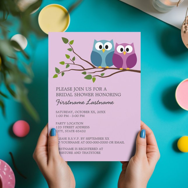 Invitación Ducha nupcial con pareja de búho en rama (Bridal Shower Invitation - Cute Cartoon Owls on a Branch - Great Couple's Shower Invite)