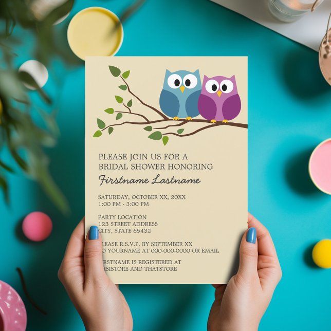 Invitación Ducha nupcial con pareja de búho en rama (Bridal Shower Invitation - Cute Cartoon Owls on a Branch - Great Couple's Shower Invite)