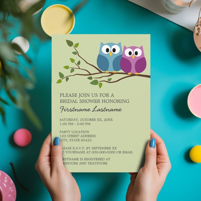 Invitación Ducha nupcial con pareja de búho en rama (Bridal Shower Invitation - Cute Cartoon Owls on a Branch - Great Couple's Shower Invite)