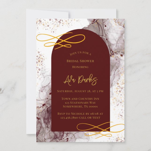 Invitación Ducha nupcial con tinta de alcohol de borgoña y do (Anverso)