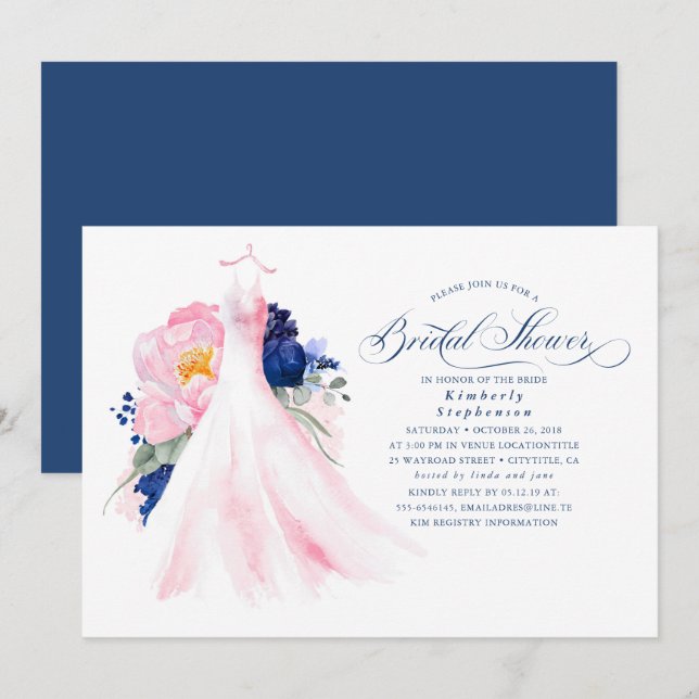 Invitación Ducha nupcial con vestidos de flores azules y rosa (Anverso / Reverso)