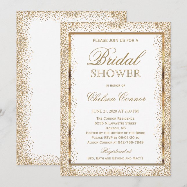 Invitación Ducha nupcial - confeti y blanco del oro (Anverso / Reverso)