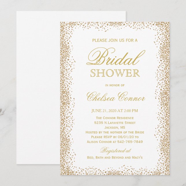 Invitación Ducha nupcial - Confetti dorado y blanco (Anverso / Reverso)