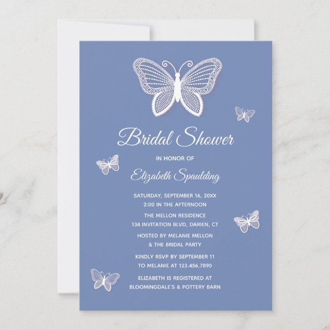 Invitación Ducha nupcial Cornflower Mariposas azules y blanca (Anverso)