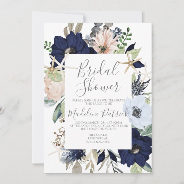 Invitación Ducha nupcial costera floral (Anverso)