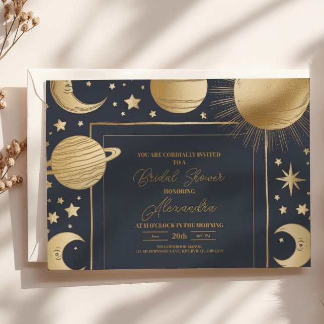 Invitación Ducha nupcial Crescent Moon Gold Celestial de la M (Subido por el creador)