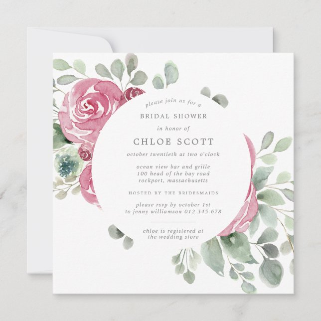 Invitación Ducha nupcial cuadrada cuadrada de flores rosadas (Anverso)