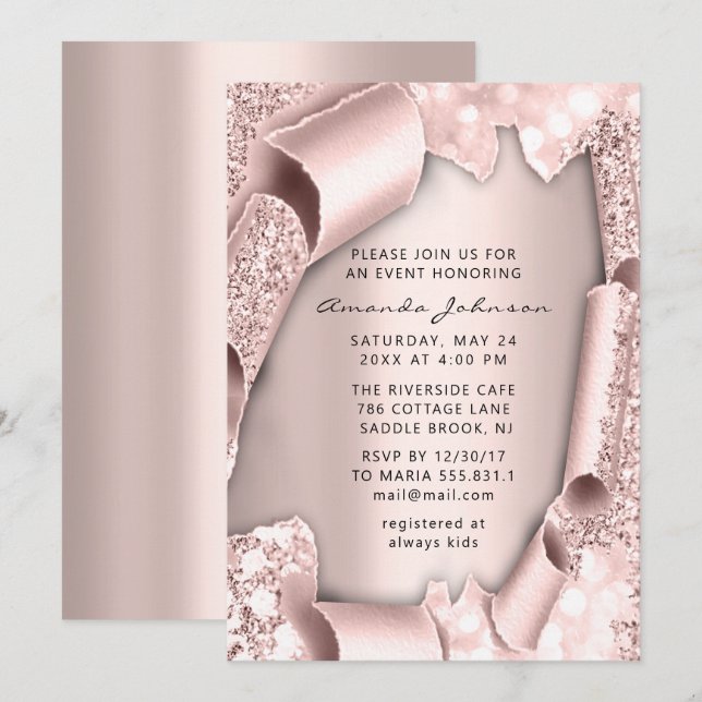 Invitación Ducha nupcial Cumpleaños 16.ª Rosa Purpurina 3D ÚN (Anverso / Reverso)