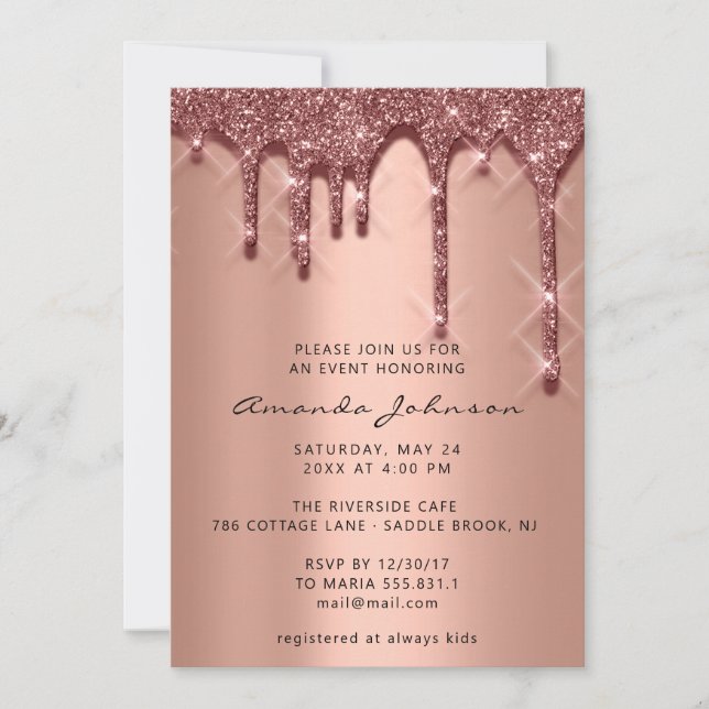 Invitación Ducha nupcial Cumpleaños 16.º Oro Rosa de Drips 3D (Anverso)