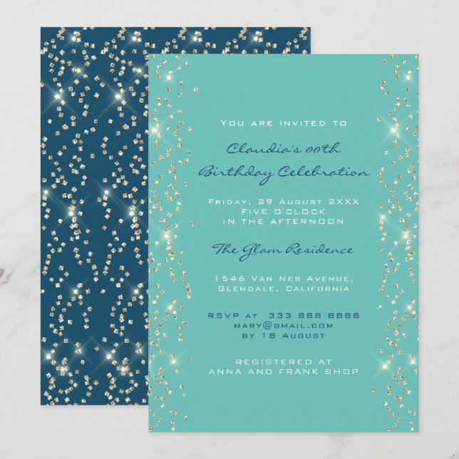 Invitación Ducha nupcial Cumpleaños Coral Confetti Azul (Anverso / Reverso)