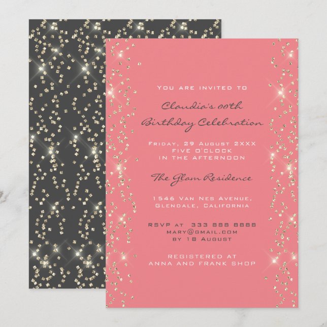 Invitación Ducha nupcial Cumpleaños Coral Confetti Gris rosa (Anverso / Reverso)