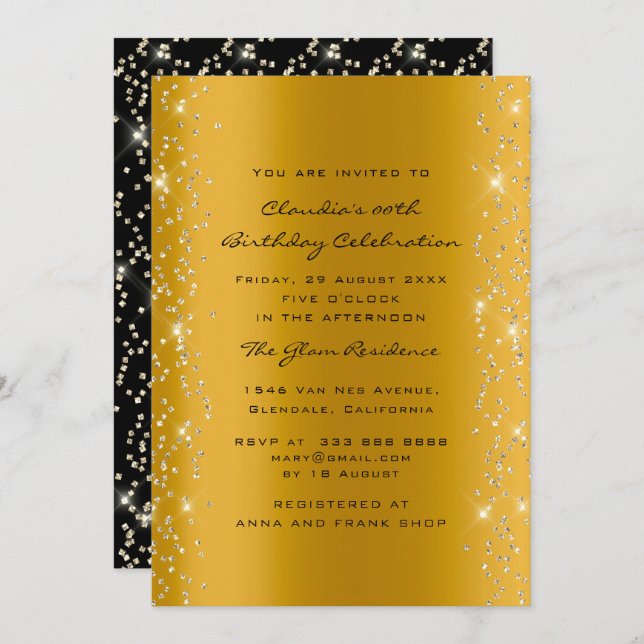 Invitación Ducha nupcial Cumpleaños Coral Confetti Oro Negro (Anverso / Reverso)