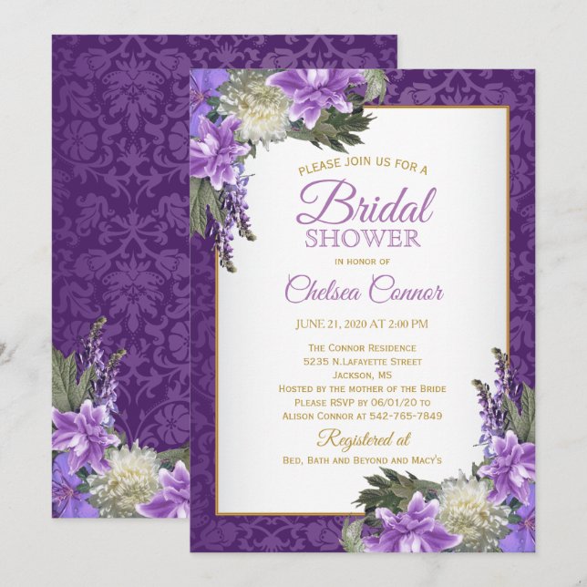 Invitación Ducha nupcial - damasco y oro púrpuras de la (Anverso / Reverso)