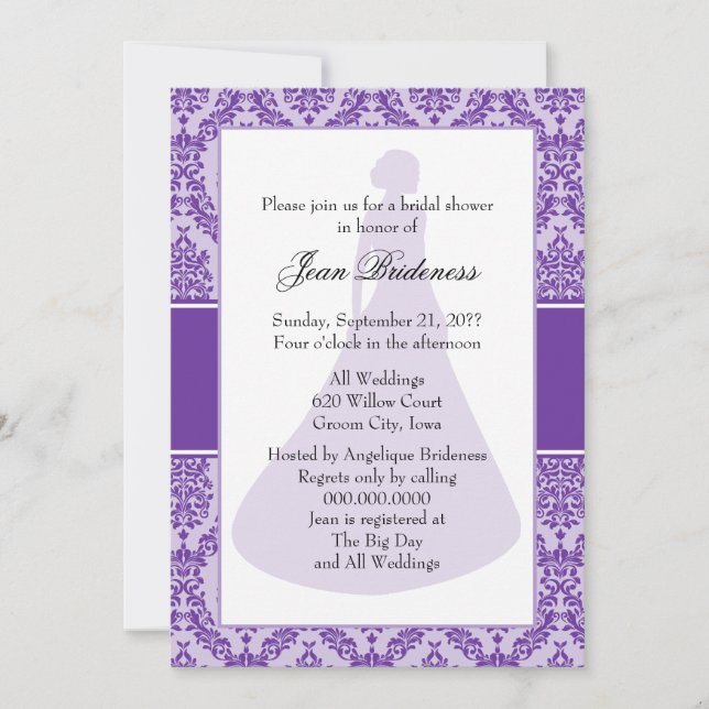 Invitación Ducha nupcial Damask de Purple Heart (Anverso)