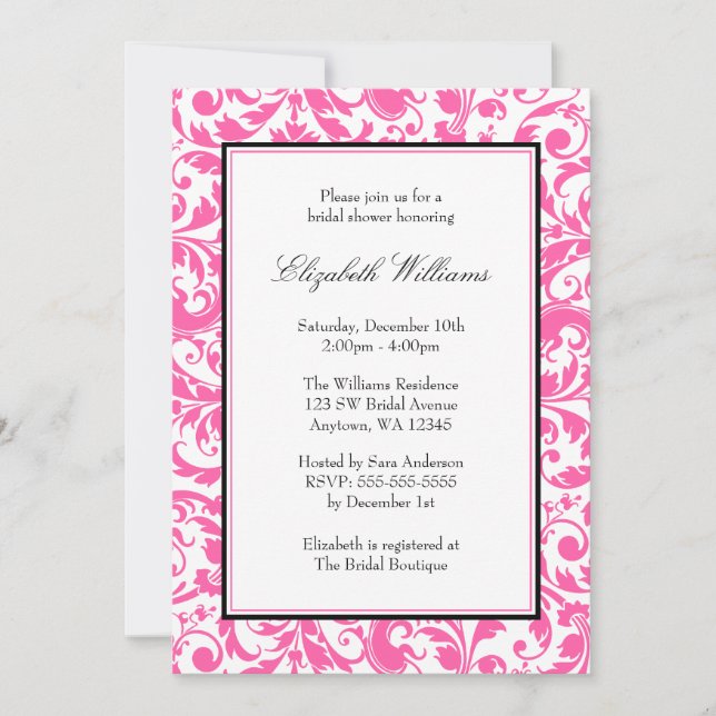 Invitación Ducha nupcial Damask rosa y negra (Anverso)