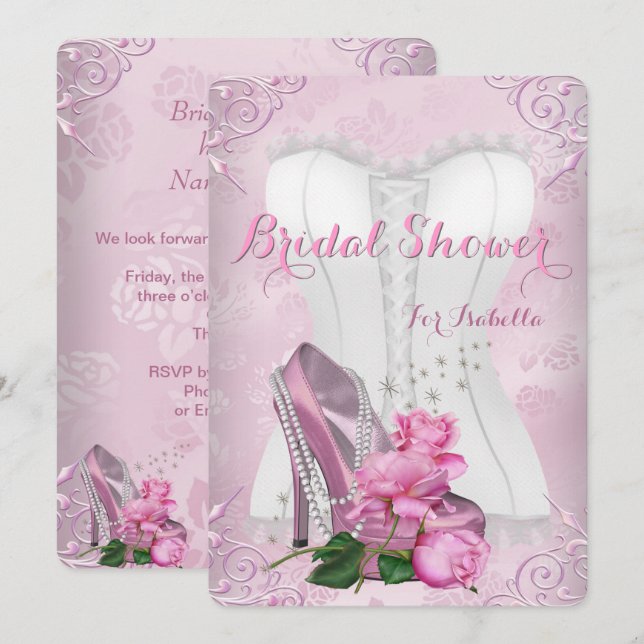Invitación Ducha nupcial Dámpara floral de tacón alto rosa ro (Anverso / Reverso)