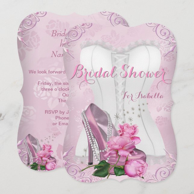 Invitación Ducha nupcial Dámpara floral de tacón alto rosa ro (Anverso / Reverso)
