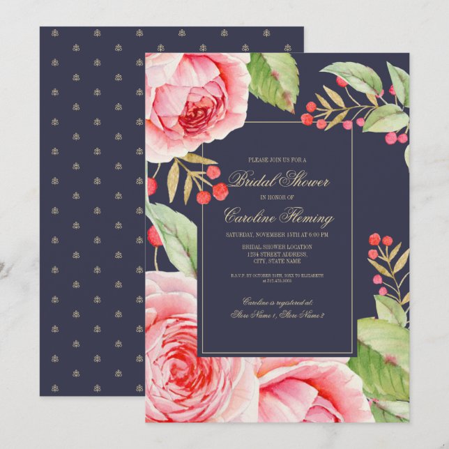 Invitación Ducha nupcial de acuarela azul de la Marina (Anverso / Reverso)