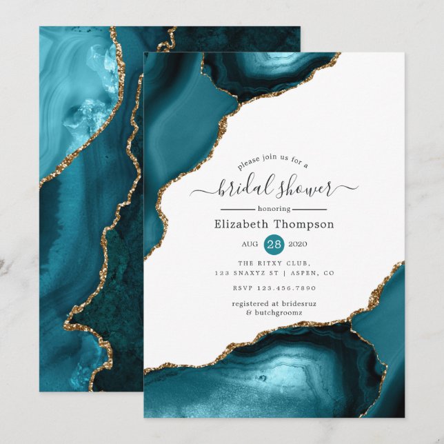 Invitación Ducha nupcial de Agate verde azulado y Oro (Anverso / Reverso)