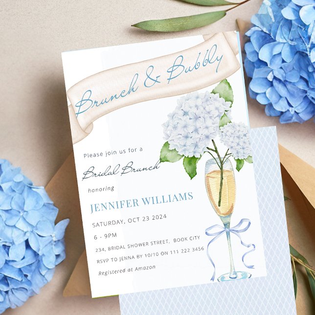 Invitación Ducha nupcial de agua azul brunch (Brunch and Bubbly Hydrangea Bridal Shower Invitation)