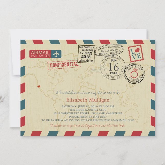 Invitación Ducha nupcial de Airmail para viajeros de Californ (Anverso)