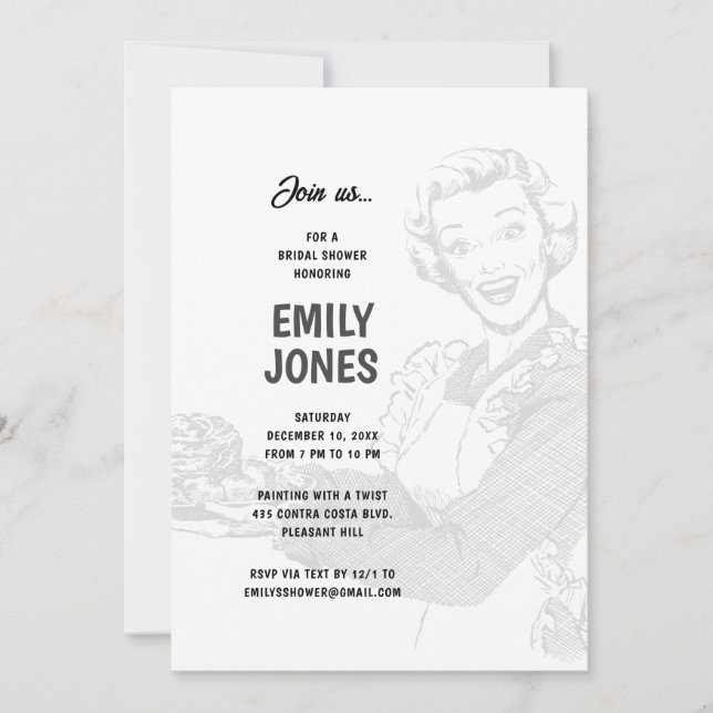 Invitación Ducha nupcial de ama de casa de los años 50 (Anverso)
