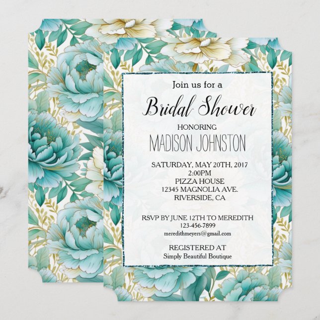 Invitación Ducha nupcial de Aqua Mint White Floral (Anverso / Reverso)