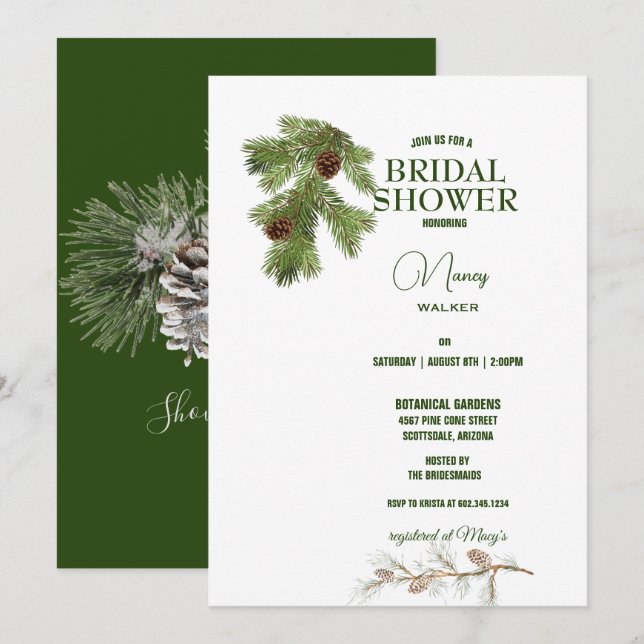 Invitación Ducha nupcial de árbol de pino y piñón de invierno (Anverso / Reverso)