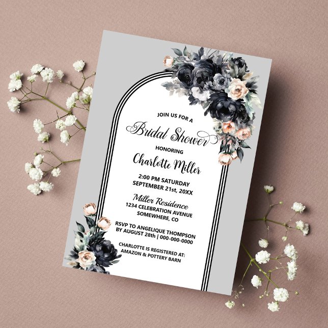 Invitación Ducha nupcial de arco floral negro humeante (Subido por el creador)