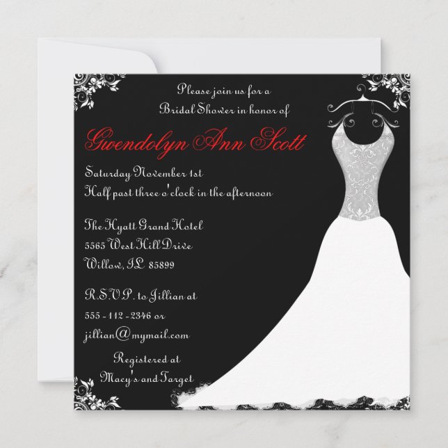 Invitación Ducha nupcial de Boda negro y rojo (Anverso)