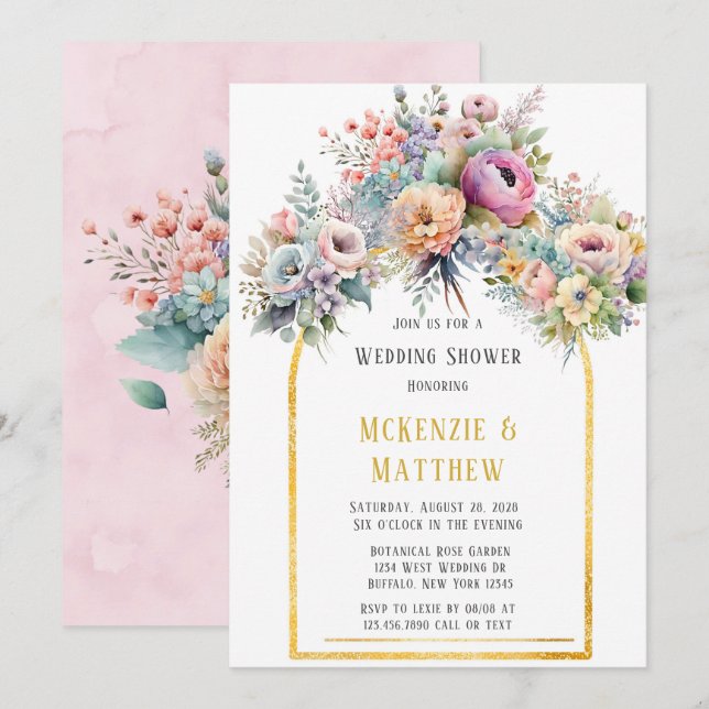 Invitación Ducha nupcial de bodas con arca de buquet floral p (Anverso / Reverso)