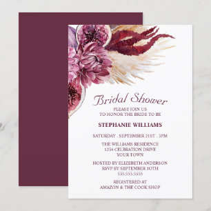Invitación Ducha nupcial de Boho Burgundy Floral Pampas