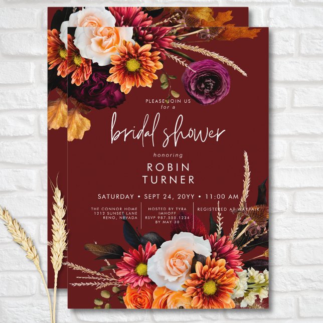 Invitación Ducha nupcial de boho floral de óxido oscuro (Dark Russet Boho Floral Rust Bridal Shower Invitation)