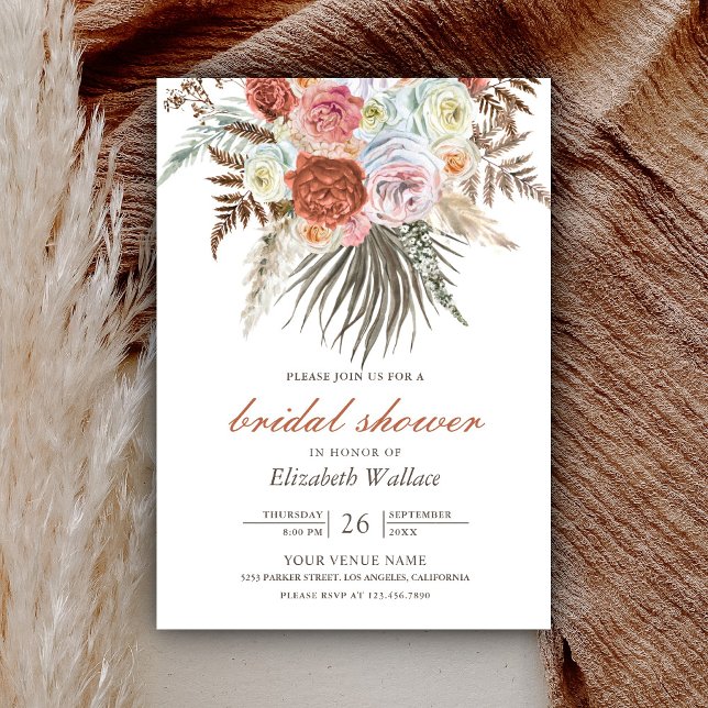 Invitación Ducha nupcial de Boho Pampas Earthy Floral Terraco (Subido por el creador)