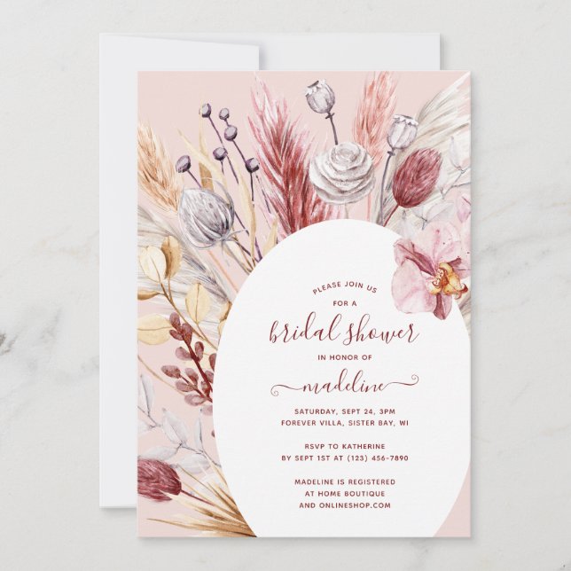 Invitación Ducha nupcial de Boho Pampas Grass Floral (Anverso)