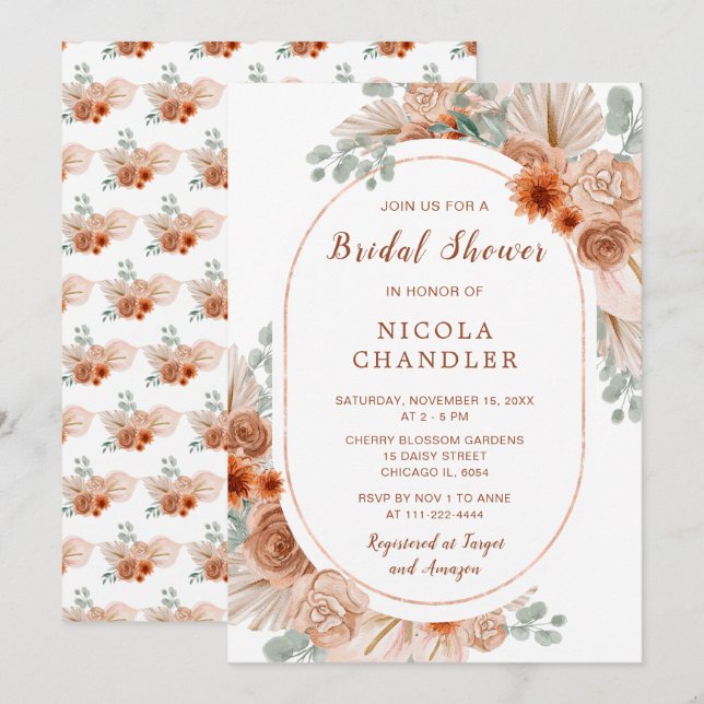 Invitación Ducha nupcial de Boho Terracotta Pampas (Anverso / Reverso)