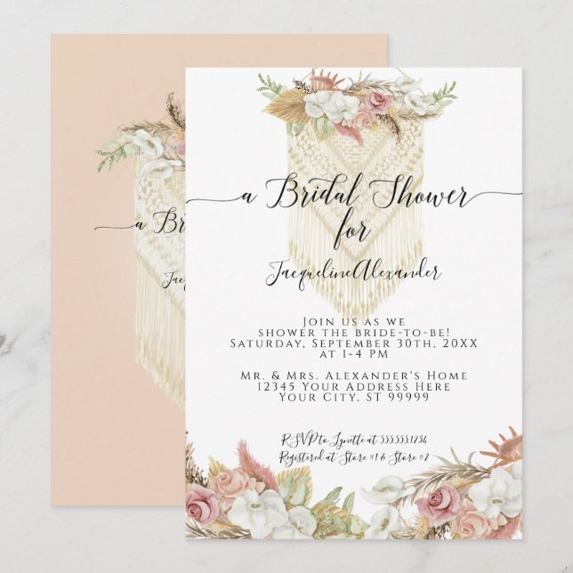 Invitación Ducha nupcial de Boho Tropical Pampas (Anverso / Reverso)