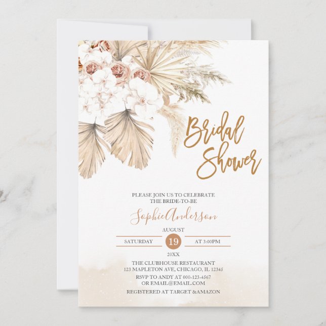 Invitación Ducha nupcial de Boho y pampas del desierto (Anverso)